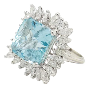 Mid-Century 14k White Gold, Aquamarine, & Marquise Diamond Halo Cocktail Ring