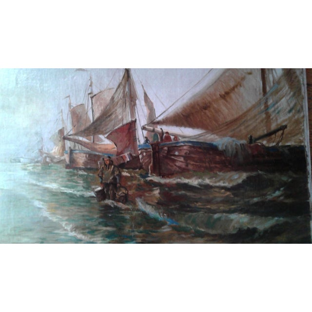 Late 19th Century Fishing Boats at Low Tide — European School Coastal Oil, Signed “Carl Hampe” For Sale - Image 4 of 4