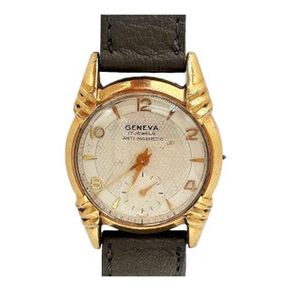 1970s 10k Geneva Sunburst Automatic Swiss Watch W/ Calfskin Band For Sale