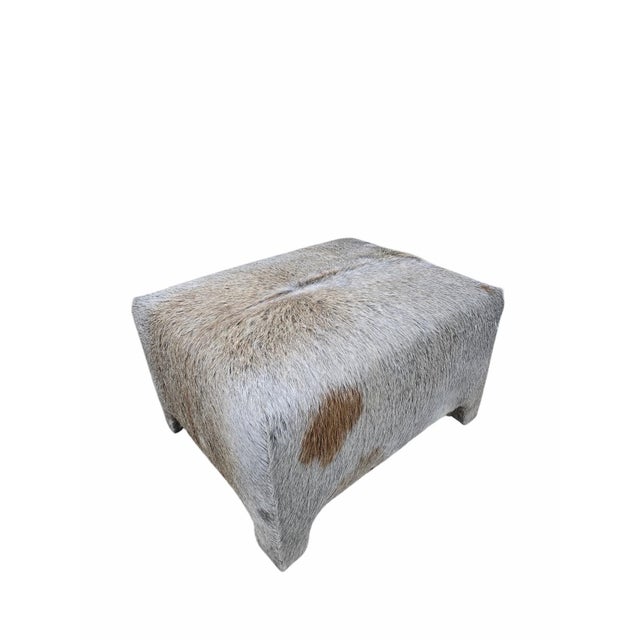Animal Skin Vintage Rustic Modern Cowhide Ottoman Newly Reupholstered in Cowhide For Sale - Image 7 of 9