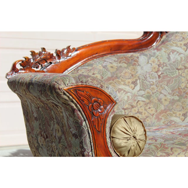 Olive Antique Victorian Rococo Revival Hand-Carved Rosewood Sofa – Early 20th Century Ornate Floral Upholstered Couch For Sale - Image 8 of 16