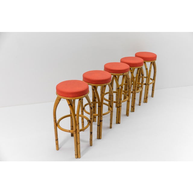 Wood Bamboo Bar and Bar Stools, Italy, 1950s, Set of 6 For Sale - Image 7 of 18
