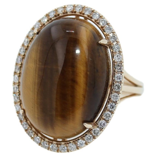 Golden Oval Tiger's Eye Cabochon Diamond Halo Cocktail 14 Karat Yellow Gold Ring, Size 7 For Sale - Image 4 of 15