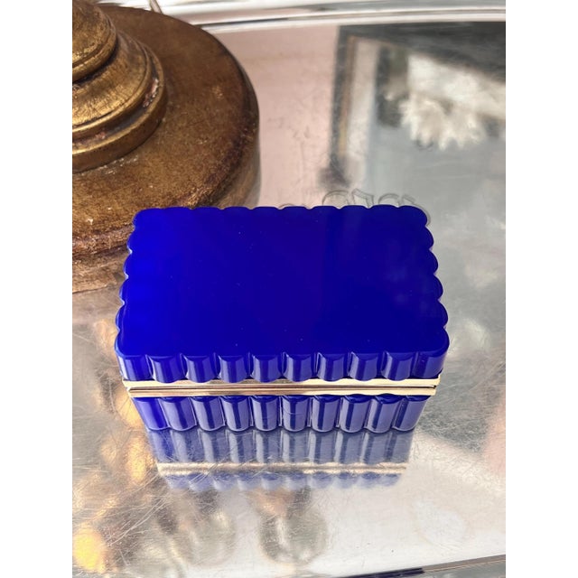 1960s 1960s Cobalt Italian Opaline glass casket with gold mounts and scalloped sides For Sale - Image 5 of 16