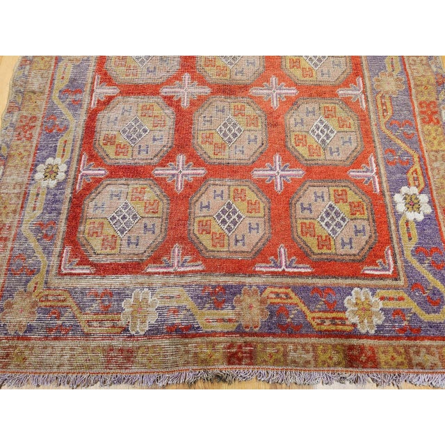 19th Century Khotan Rug in Allover Geometric Pattern in Red, Lavender, Ivory, Green For Sale - Image 11 of 16