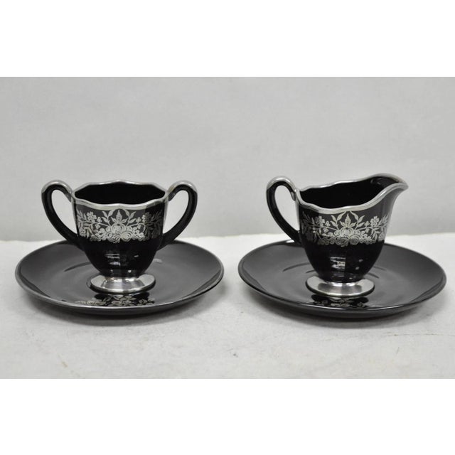 Vintage Rockwell Black Amethyst Glass Creamer Sugar Set Sterling Silver Overlay For Sale - Image 13 of 14