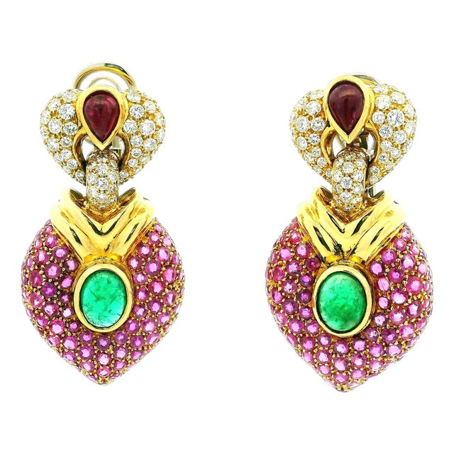 Vintage 1980s 18k Gold Ruby Emerald & Diamond Drop Earrings, Pair For Sale