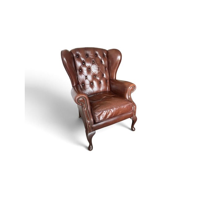 Chesterfield Wingback Chair in Brown Leather For Sale - Image 3 of 6