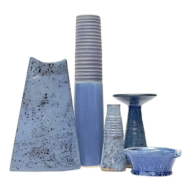 Vintage Matte Blue Artisan Pottery Vase Curation - Group of 5 For Sale