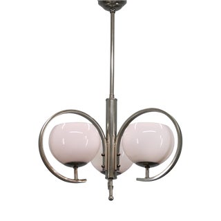Art Deco Nickel Chandelier with Light-Pink Opaline Shades, Former Czechoslovakia, 1930s For Sale