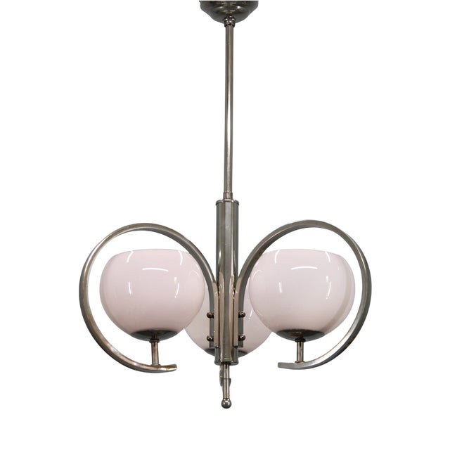 Art Deco Nickel Chandelier with Light-Pink Opaline Shades, Former Czechoslovakia, 1930s For Sale