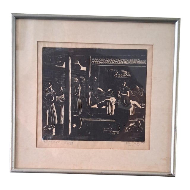 Francisco Amighetti Woodblock Print "Mercado" 1950 For Sale