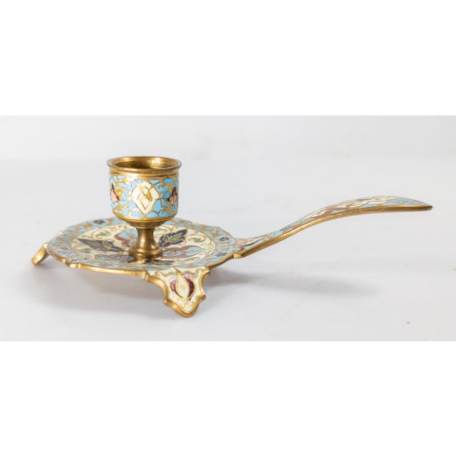 19th Century French Gilt Brass Champleve Enamel Candle Stick Holder For Sale - Image 4 of 10