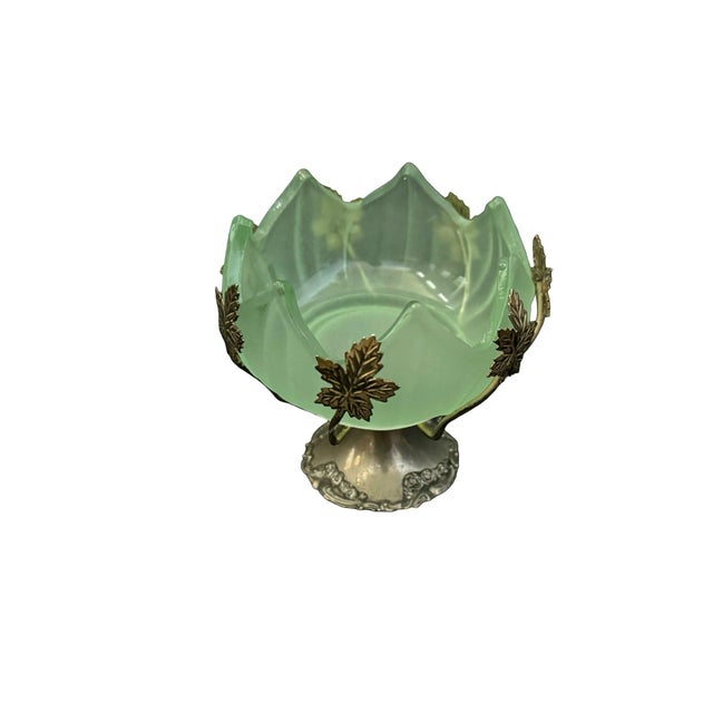 English Vintage Brama Frosted Green Art Glass Bowl on Silver-Plated Base For Sale - Image 3 of 11
