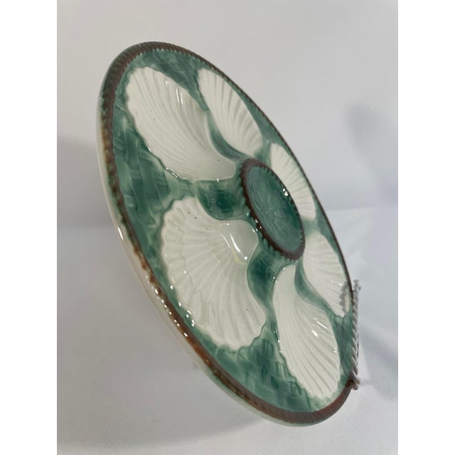 Mid-Century Modern French Longchamp Green and White Majolica Oyster Plate, Circa 1950s For Sale - Image 3 of 9