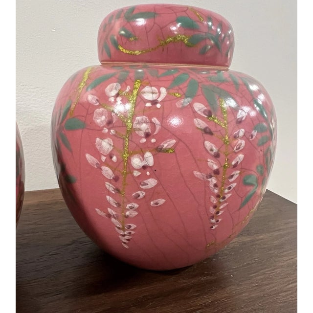 Vintage Chinese Porcelain Hand Painted Ginger Jars With Lid-Set of 2 For Sale - Image 6 of 7