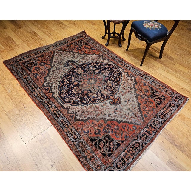 Antique Farahan Sarouk Rug, Hand-Knotted Wool, Floral Pattern, Ivory & Brick Red, 5x7 For Sale - Image 4 of 17