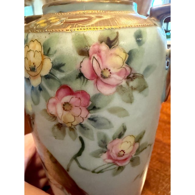 Japanese Antique, Hand-Painted Japanese Nippon Vase. Beautiful Bird and Flower With Two Gilded Handles. Early 1900s. Marimura Bros. For Sale - Image 3 of 8