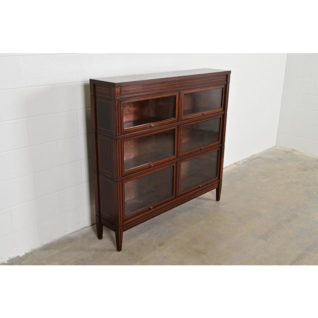 Globe Wernicke Globe Wernicke Arts & Crafts Inlaid Mahogany Three-Stack Double Barrister Bookcase, Circa 1900 For Sale - Image 4 of 13