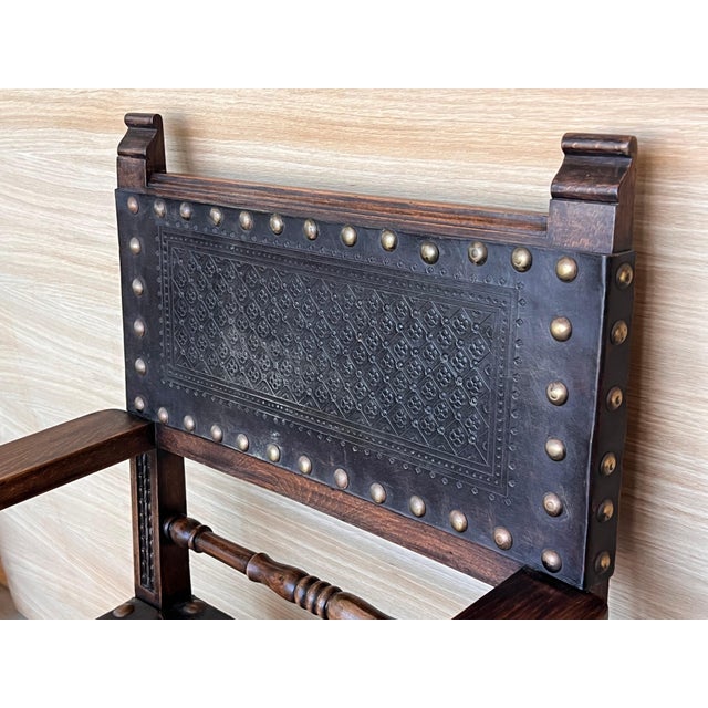 Wood 19th Century Spanish Colonial Altar Carved Armchair with Leather Seat and Back For Sale - Image 7 of 18