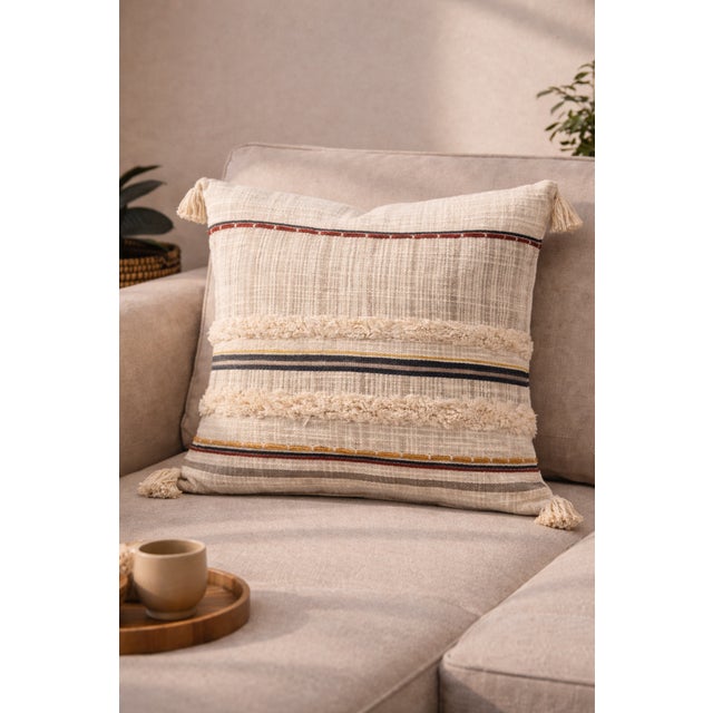 Textured Boho Fringe Cushion Cover | Handwoven Embroidered Cushion | Neutral Decorative Cushion Cover | 50 X 50 Cm Set of 2 For Sale - Image 4 of 4