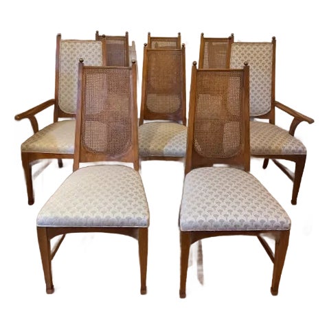 1950s MCM Cane Back Dining Chairs With Upholstered Seats (8) For Sale