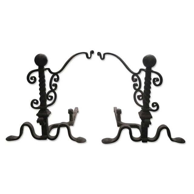 Metal Antique Wrought Iron Andirons For Sale - Image 7 of 7