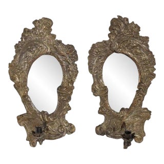 Italian Rococo Revival Brass Repousse Mirrored One-light Candle Sconces - a Pair For Sale