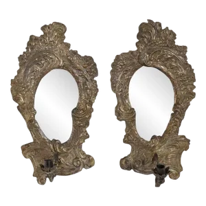Italian Rococo Revival Brass Repousse Mirrored One-light Candle Sconces - a Pair
