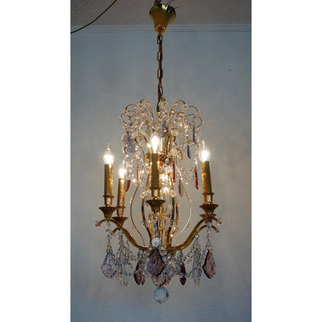 Metal 24K Gold-Plated Brass and Lead Crystal Chandelier, 1970s For Sale - Image 7 of 16