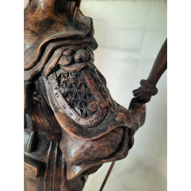 Wood Vintage Carved Hardwood Guan Yu Chinese God of War Statue For Sale - Image 7 of 8