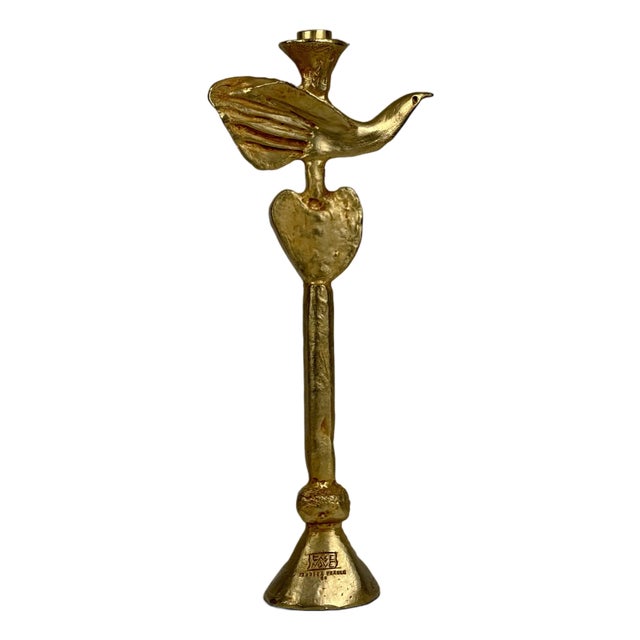 Pierre Casenove for Fondica France Tall Vintage 1990s Signed Gilt Bronze Bird & Heart Candlestick For Sale