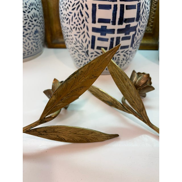 Vintage Brass Lotus Flower Candle Holders Tablescape With Leaf Bases - A Pair For Sale - Image 10 of 12