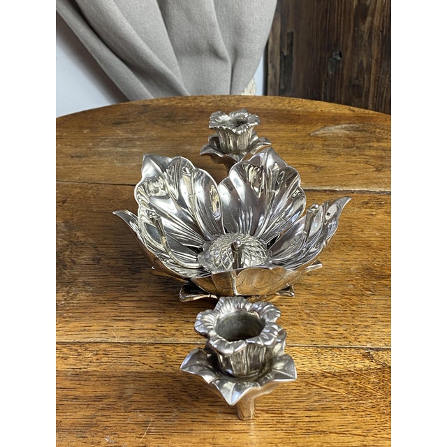 Flower Candleholder with Lotus Flower Heart Ashtray with Removable Petals in Silver-Plated Metal, 1960s For Sale - Image 10 of 14