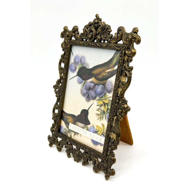 Rococo Vintage Italian Ornate Cast Metal Picture Frame With Hummingbird Print | Hollywood Regency, Rococo Style For Sale - Image 3 of 10