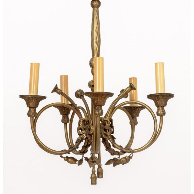 French Louis XVI Style Brass Five-Branch Chandelier For Sale - Image 3 of 9
