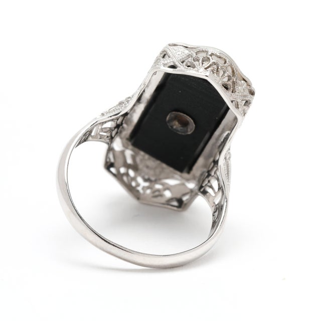 Vintage Black Onyx & Diamond Filigree Ring, 14k White Gold, Ring Size 5 For Sale In Greensboro - Image 6 of 7