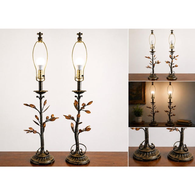 pair of vintage table lamps with a sculptural tree branch motif featuring delicate, amber glass leaves. Crafted in an...