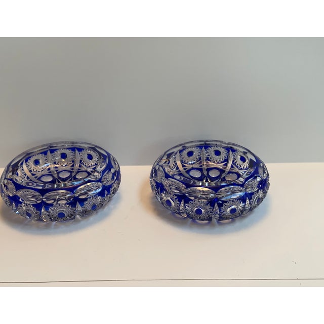 Mid 20th Century Bohemian Blue Cobalt Cut to Clear Two(2) Ashtrays Faceted Cut Diamond Star For Sale - Image 11 of 16