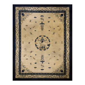 Beige Field Navy Border With Lovely Detail of Quin Style Antique Chinese Peking Rug