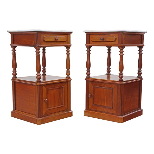 French Walnut Bedside Tables with Marble Tops, 1920s, Set of 2 For Sale