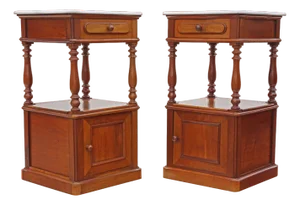 French Walnut Bedside Tables with Marble Tops, 1920s, Set of 2