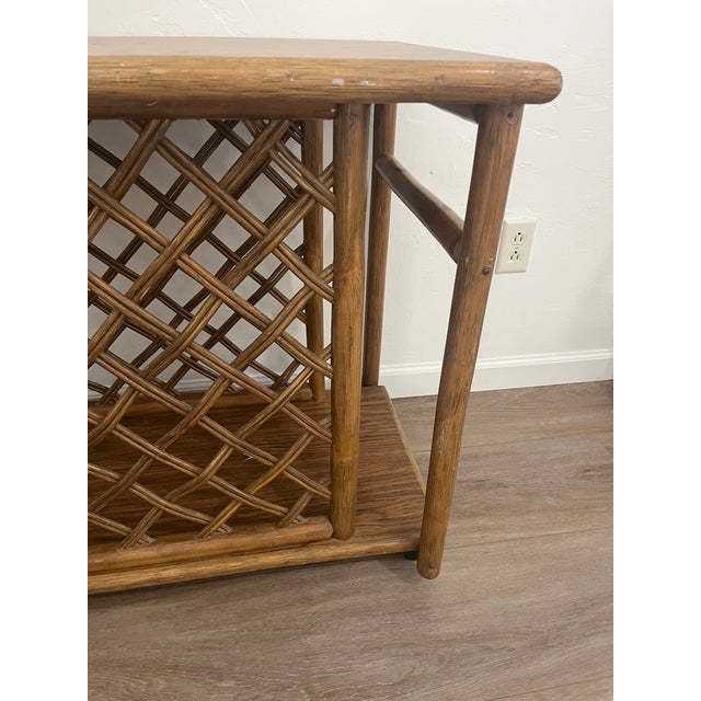 McGuire Style Vintage 1970s Hollywood Regency-Style Faux Bamboo and Rattan Rolling Bar Cart For Sale - Image 12 of 12