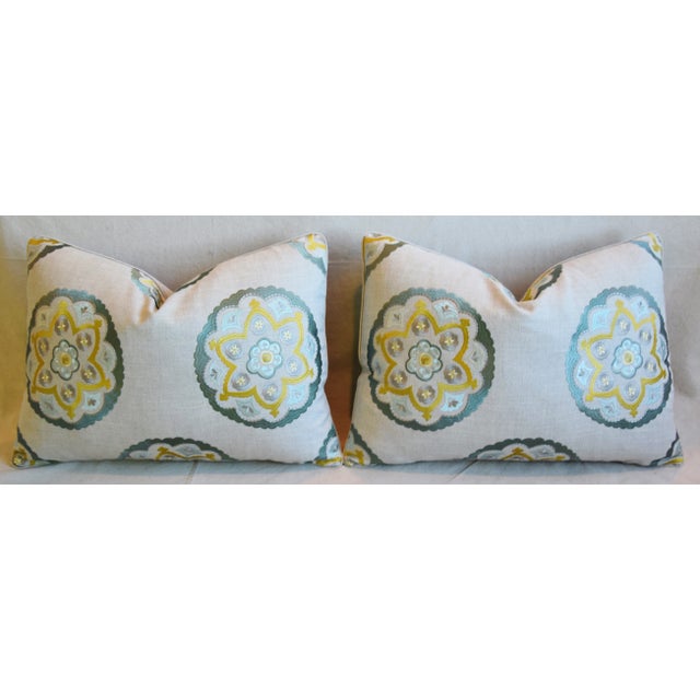 Designer Embroidered Medallion Linen Feather/Down Pillows 22" X 17" - Pair For Sale In Los Angeles - Image 6 of 13