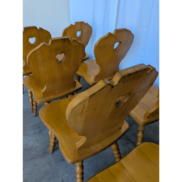 Vintage Tyrolean Farmhouse Heart Cutout Wooden Dining Chairs, 1970s, Set of 8 For Sale - Image 3 of 18