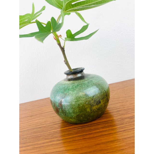 Mid-Century Modern Vintage 1970s Handmade Stoneware Studio Pottery Green Vase For Sale - Image 3 of 9