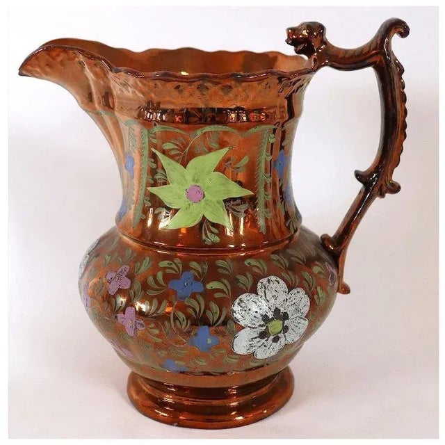 English Staffordshire Enamelled Copper Luster Dog-Handle Pitcher For Sale - Image 11 of 13