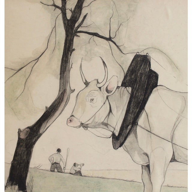 Germaine Hageman, Idyllic Landscape with Ox and Figures, 1940s, Pencil and Gouache on Paper, Framed For Sale - Image 4 of 17