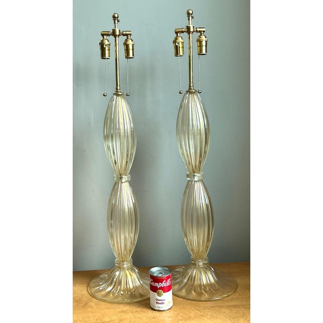 Metal Vintage Ribbed Murano Glass Table Lamps - Pair For Sale - Image 7 of 18