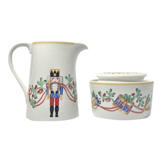 1990s Block “Whimsy Christmas” Porcelain Sugar Bowl & Creamer Set- 2 Pieces For Sale